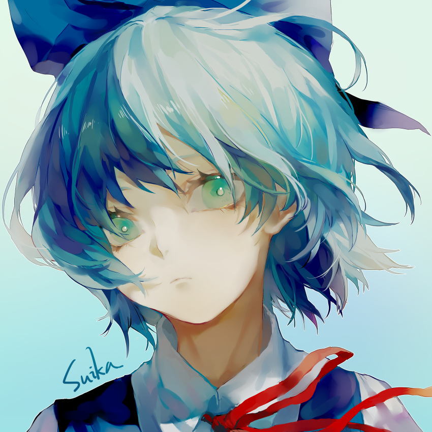 1girl :&lt; absurdres aqua_eyes blue_bow blue_hair bow chinese_commentary cirno collared_shirt commentary_request cui_(jidanhaidaitang) face hair_bow highres light_blue_background looking_at_viewer neck_ribbon portrait red_ribbon ribbon serious shirt short_hair signature solo touhou white_shirt