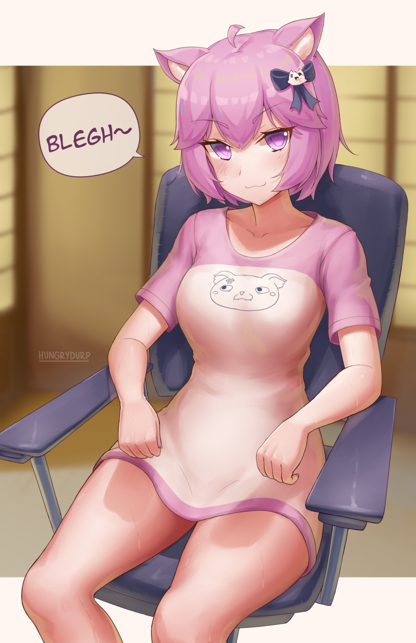1girl :3 absurdres animal_ears blush breasts cat_ears cat_girl closed_mouth collarbone eyebrows_visible_through_hair highres hungrydurp large_breasts looking_at_viewer nyatasha_nyanners purple_hair short_hair sitting smile solo swivel_chair violet_eyes virtual_youtuber vshojo