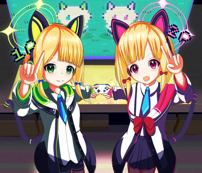 2girls absurdres animal_ears bangs black_legwear black_shorts black_skirt blonde_hair blue_archive blue_bow blue_neckwear bow cat_ear_headphones cat_ears collared_shirt commentary_request eyebrows_visible_through_hair fake_animal_ears grin hair_bow halo hand_up headphones highres jacket long_sleeves looking_at_viewer midori_(blue_archive) momoi_(blue_archive) multiple_girls necktie off_shoulder open_clothes open_jacket parted_lips pleated_skirt red_bow rswifhand shirt short_shorts shorts sidelocks simple_background skirt sleeves_past_wrists smile tail_raised thigh-highs twintails white_jacket white_shirt