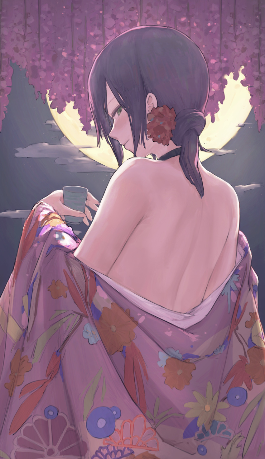 1girl 900p absurdres alternate_costume bare_back bare_shoulders black_choker black_hair chainsaw_man choker cup dark_sky drink flower full_moon green_eyes hair_bun hair_flower hair_ornament highres holding holding_cup japanese_clothes kimono kimono_pull light_smile moon nail_polish night night_sky purple_nails revision reze_(chainsaw_man) sky smile solo tied_hair undressing wisteria