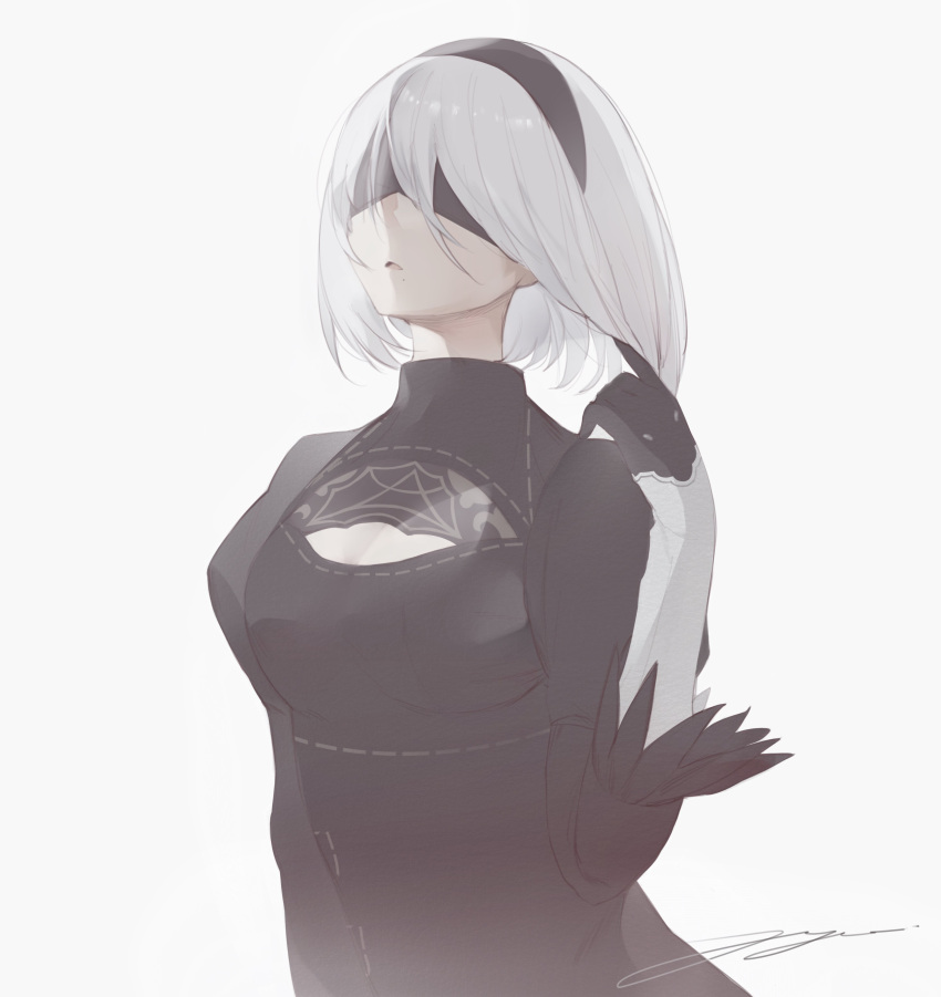 1girl absurdres artist_name black_dress black_hairband blindfold cleavage_cutout clothing_cutout dress feather-trimmed_sleeves gloves hairband hand_up highres juliet_sleeves long_sleeves medium_hair nier_(series) nier_automata parted_lips puffy_sleeves signature simple_background solo upper_body yorha_no._2_type_b yuishi