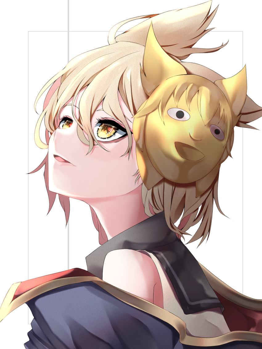 1girl bare_shoulders blonde_hair eyebrows_behind_hair from_side gold gold_trim hair_between_eyes highres light_smile looking_up mask mask_on_head new_mask_of_hope off_shoulder parted_lips pointy_hair short_hair simple_background solo touhou toyosatomimi_no_miko tsune_(tune) white_background yellow_eyes