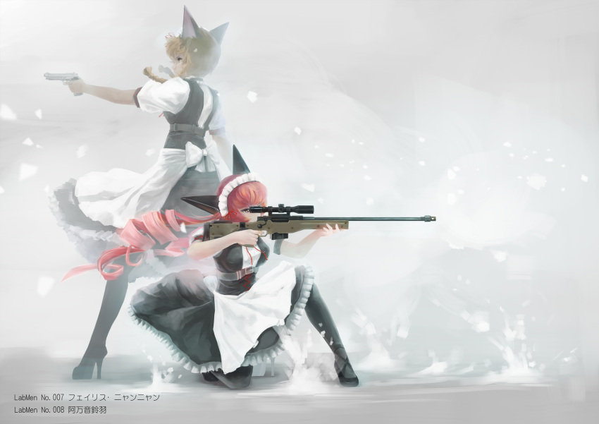 2girls ai_arctic_warfare aiming akiha_rumiho amane_suzuha animal_ears apron back-to-back back_bow bangs black_dress black_legwear blonde_hair bolt_action bow braid cat_ears character_name chest_belt chinese_commentary commentary_request debris dress drill_hair fake_animal_ears floating_hair frilled_dress frills from_behind from_side gun handgun high_heels highres hihei_xiaobai holding holding_gun holding_weapon long_hair looking_away maid maid_headdress multiple_girls one_knee pantyhose partial_commentary pink_eyes pink_hair red_ribbon ribbon rifle shirt short_sleeves sniper_rifle standing steins;gate twin_braids twin_drills waist_apron weapon white_apron white_background white_bow white_shirt yellow_eyes
