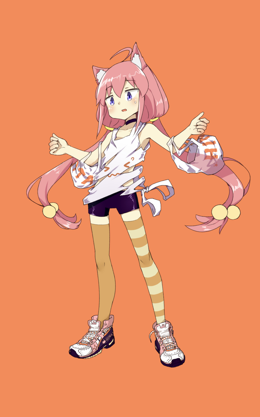 1girl absurdres ahoge animal_ear_fluff animal_ears asymmetrical_legwear bag bike_shorts cat_ears eyebrows_visible_through_hair flat_chest full_body hair_bobbles hair_ornament highres hinata_channel long_hair low_twintails mismatched_legwear nekomiya_hinata open_mouth orange_background orange_legwear pg_(pege544) pink_hair plastic_bag shirt shoes simple_background sleeveless sleeveless_shirt sneakers solo standing striped striped_legwear thigh-highs torn_clothes twintails very_long_hair violet_eyes virtual_youtuber white_shirt