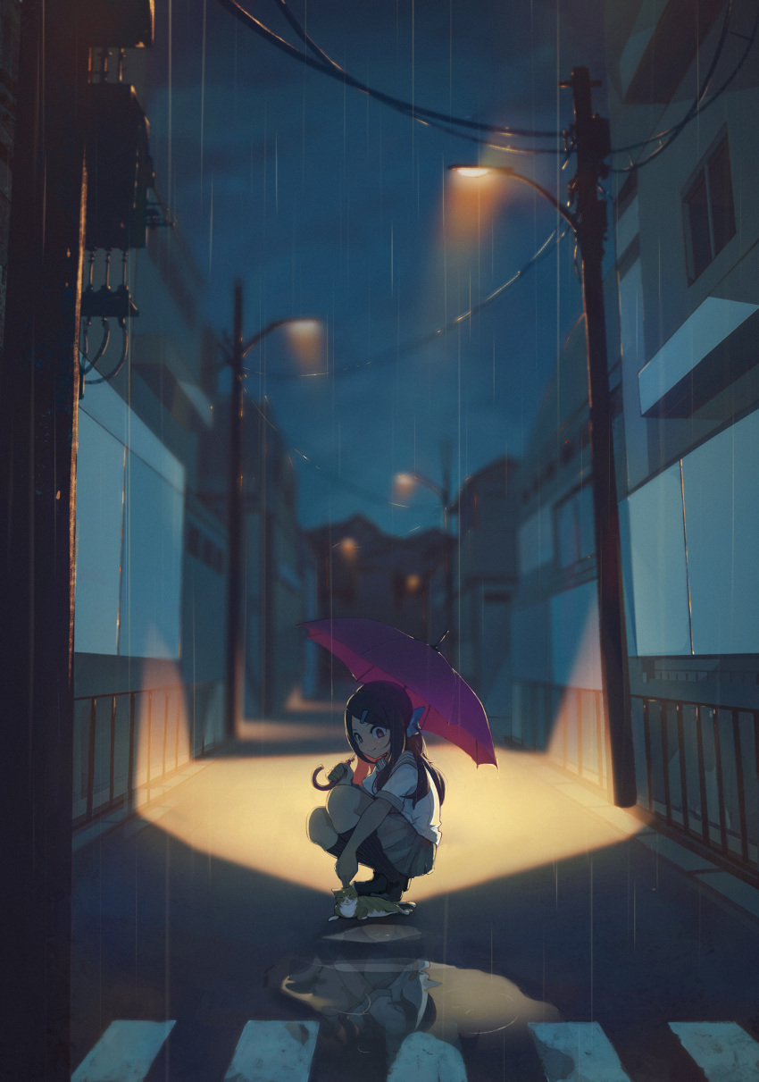 1girl absurdres black_hair cat grey_skirt hair_ornament hairclip highres holding holding_umbrella long_hair night original outdoors pleated_skirt puddle rain revision scenery short_sleeves skirt soar solo umbrella