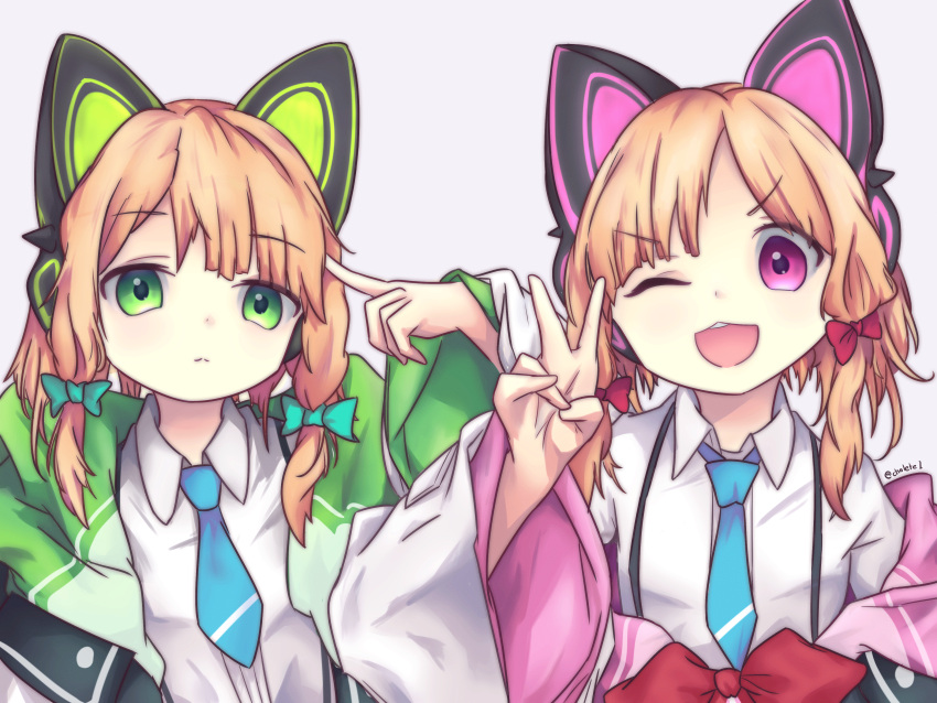 2girls absurdres animal_ears bangs black_legwear black_shorts black_skirt blonde_hair blue_archive blue_bow blue_neckwear bow cat_ear_headphones cat_ears cholete1 collared_shirt commentary_request eyebrows_visible_through_hair fake_animal_ears grin hair_bow halo hand_up headphones highres jacket long_sleeves looking_at_viewer midori_(blue_archive) momoi_(blue_archive) multiple_girls necktie off_shoulder open_clothes open_jacket parted_lips pleated_skirt red_bow shirt short_shorts shorts sidelocks simple_background skirt sleeves_past_wrists smile tail_raised thigh-highs twintails white_jacket white_shirt