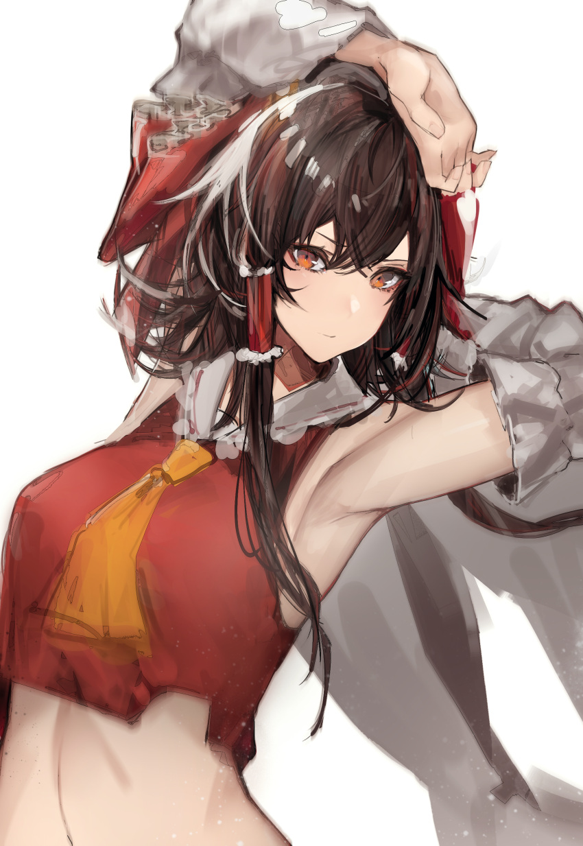 1girl absurdres armpits arms_up ascot bow brown_eyes brown_hair detached_sleeves hair_between_eyes hair_bow hair_tubes hakurei_reimu highres long_hair looking_at_viewer midriff migata simple_background solo touhou upper_body wide_sleeves yellow_ascot