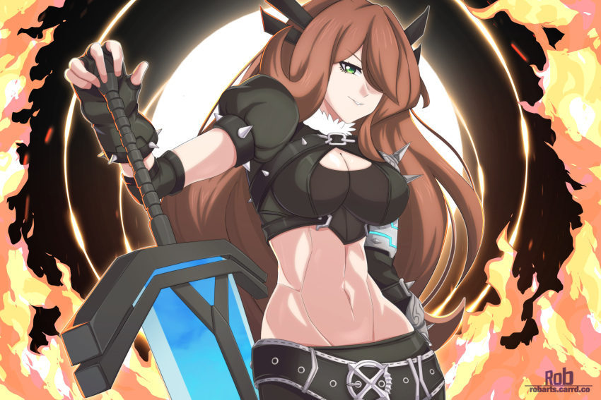 arm_armor artist_name black_dress brown_hair commentary cosplay crop_top dress english_commentary fingerless_gloves gloves green_eyes hair_over_one_eye highres holding holding_weapon iris_(mega_man) long_hair lowrise magik_(x-men) marvel marvel_tokon:_fighting_souls mega_man_(series) mega_man_x_(series) rob_(robarts) shorts sword weapon