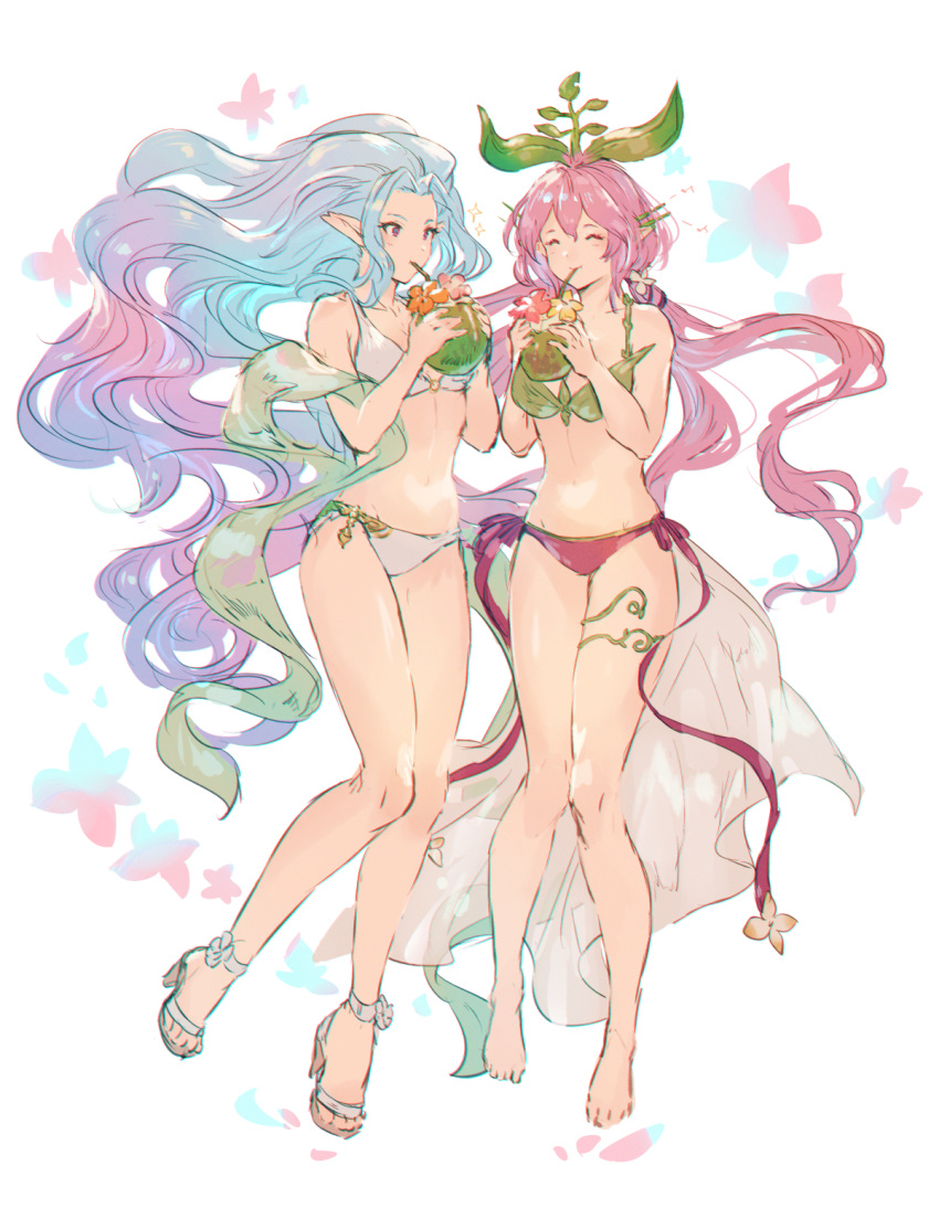 2girls ^_^ bare_arms bare_legs barefoot bikini blue_hair breasts character_request closed_eyes closed_mouth coconut collarbone drinking drinking_straw floating_hair full_body gradient_hair granblue_fantasy green_bikini groin highres holding long_hair medium_breasts mismatched_bikini multicolored_hair multiple_girls pink_hair pointy_ears red_bikini red_ribbon ribbon shimatani_azu shiny shiny_hair side-tie_bikini sketch swimsuit tiamat_(granblue_fantasy) very_long_hair violet_eyes white_background white_bikini yggdrasil_(granblue_fantasy)