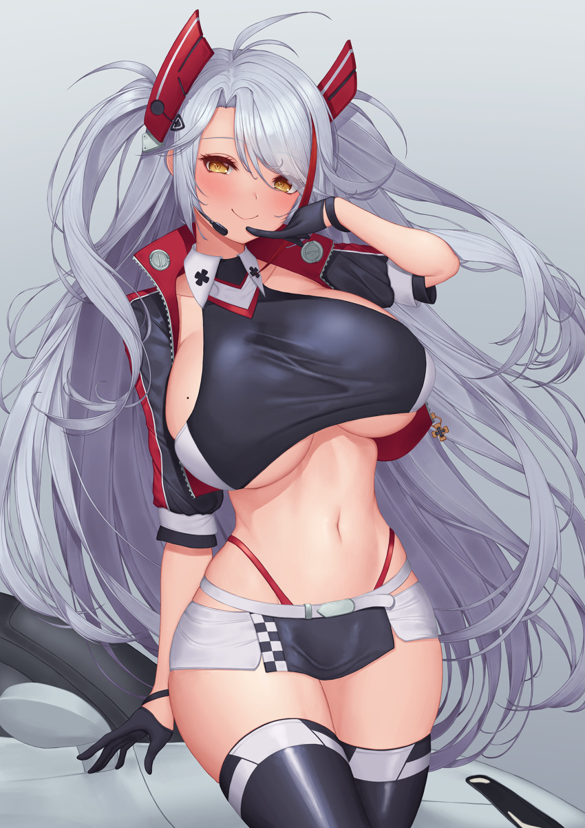 1girl antenna_hair azur_lane bangs black_gloves black_jacket black_legwear blush breasts brown_eyes closed_mouth collarbone commentary cowboy_shot cropped_jacket eyebrows_visible_through_hair gloves grey_background groin hair_between_eyes half_gloves hand_up highres jacket large_breasts long_hair looking_at_viewer mole mole_on_breast multicolored_hair navel official_alternate_costume open_clothes open_jacket panties pinkcap prinz_eugen_(azur_lane) prinz_eugen_(final_lap)_(azur_lane) racecar racequeen red_panties redhead sidelocks silver_hair simple_background skindentation smile solo standing stomach streaked_hair thigh-highs two_side_up underwear very_long_hair