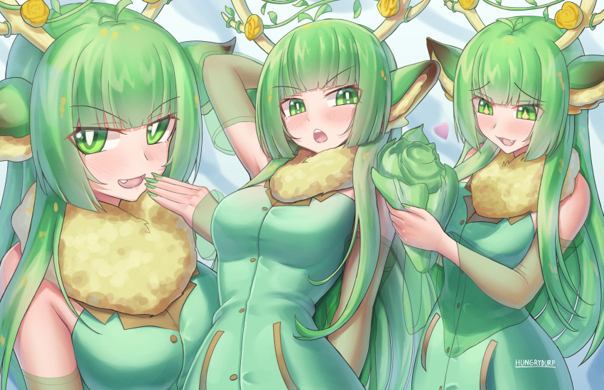 1girl animal_ear_fluff animal_ears antlers breasts detached_sleeves dress english_commentary fang flower fur_scarf green_dress green_sleeves hand_to_own_mouth haruka_karibu heart highres holding hungrydurp indie_virtual_youtuber laughing leaning_back medium_breasts moose_girl mouse_ears multiple_views rose see-through_sleeves virtual_youtuber yellow_flower yellow_rose