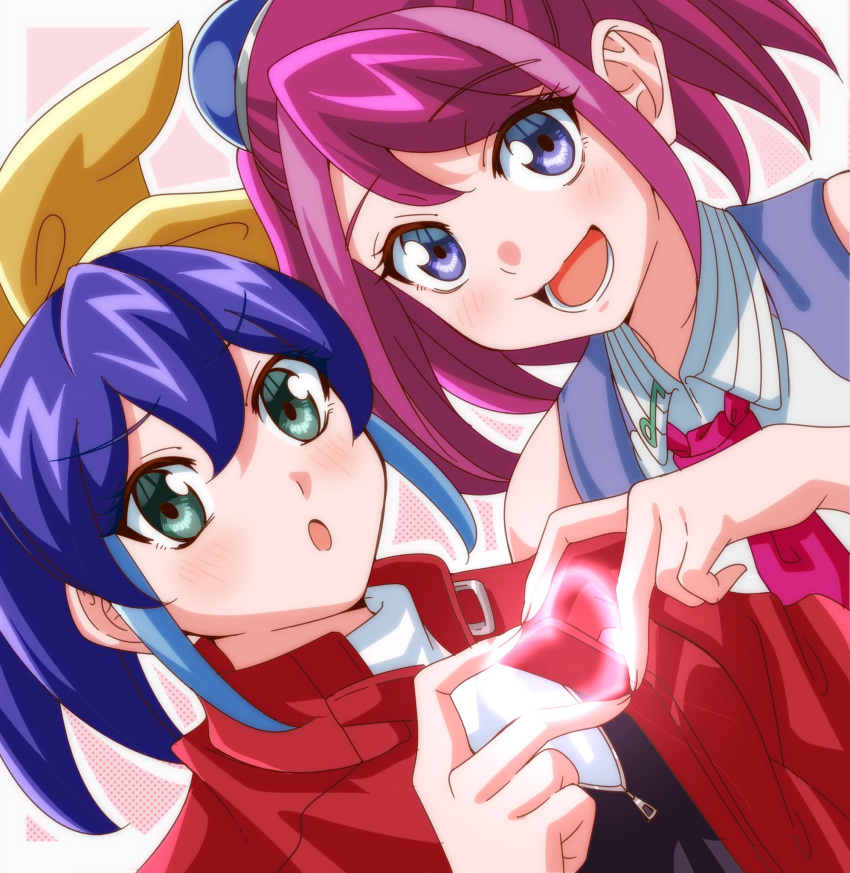 2girls blue_eyes blue_hair bow bracelet bracelet_girls crossed_arms green_eyes hair_bow highres hiiragi_yuzu jacket multicolored_hair multiple_girls musical_note necktie pink_hair ponytail serena_(yuu-gi-ou_arc-v) short_twintails sleeveless star strt twintails two-tone_hair yu-gi-oh! yu-gi-oh!_arc-v yuu-gi-ou yuu-gi-ou_arc-v