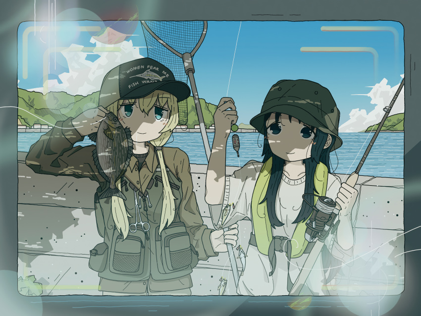 2girls animal blonde_hair border brown_shirt chito_(shoujo_shuumatsu_ryokou) closed_mouth fish fishing fishing_line fishing_net fishing_rod grey_border hat_writing highres holding holding_animal holding_fish holding_fishing_rod long_sleeves meme multiple_girls outdoors parisetya shirt shoujo_shuumatsu_ryokou sidelocks trout women_want_me_fish_fear_me_(meme) yuuri_(shoujo_shuumatsu_ryokou)