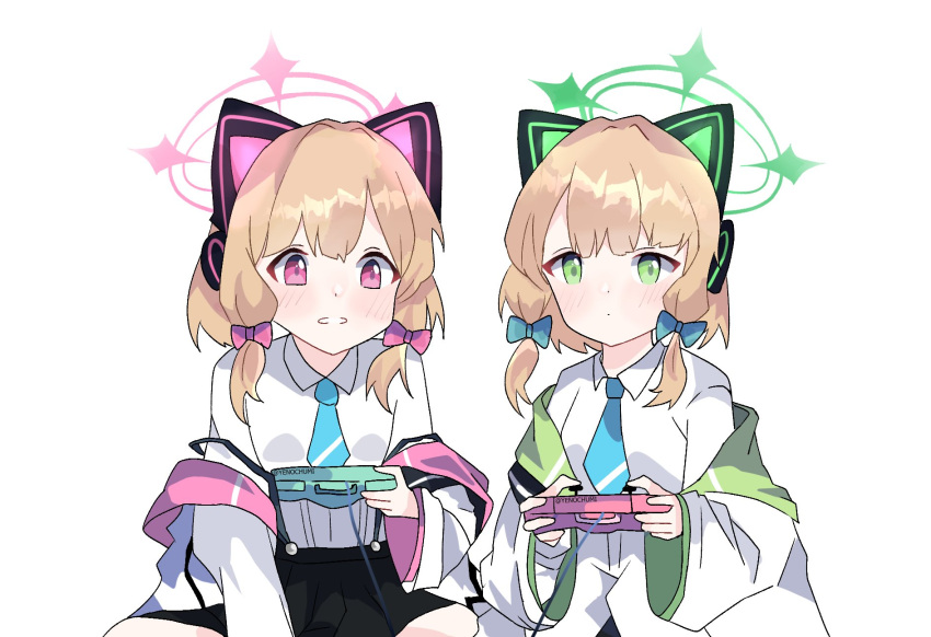 2girls absurdres animal_ears bangs black_legwear black_shorts black_skirt blonde_hair blue_archive blue_bow blue_neckwear bow cat_ear_headphones cat_ears collared_shirt commentary_request eyebrows_visible_through_hair fake_animal_ears grin hair_bow halo hand_up handheld_game_console headphones highres jacket long_sleeves looking_at_viewer midori_(blue_archive) momoi_(blue_archive) multiple_girls necktie off_shoulder open_clothes open_jacket parted_lips playing_games pleated_skirt red_bow shirt short_shorts shorts sidelocks simple_background skirt sleeves_past_wrists smile tail_raised thigh-highs twintails white_background white_jacket white_shirt yenochumi