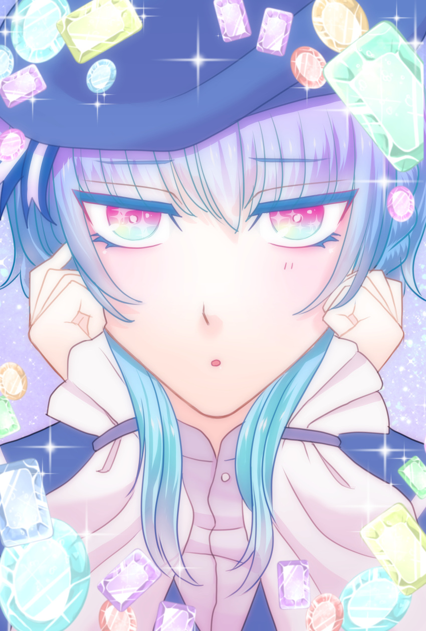 1boy :o absurdres akirakamiwo akuma_shitsuji_to_kuroi_neko androgynous bishounen blue_eyes blue_hair blush facing_viewer flure_garcia gem head_rest highres long_sleeves looking_at_viewer male_focus multicolored_eyes pale_skin pink_eyes sparkle sparkle_background