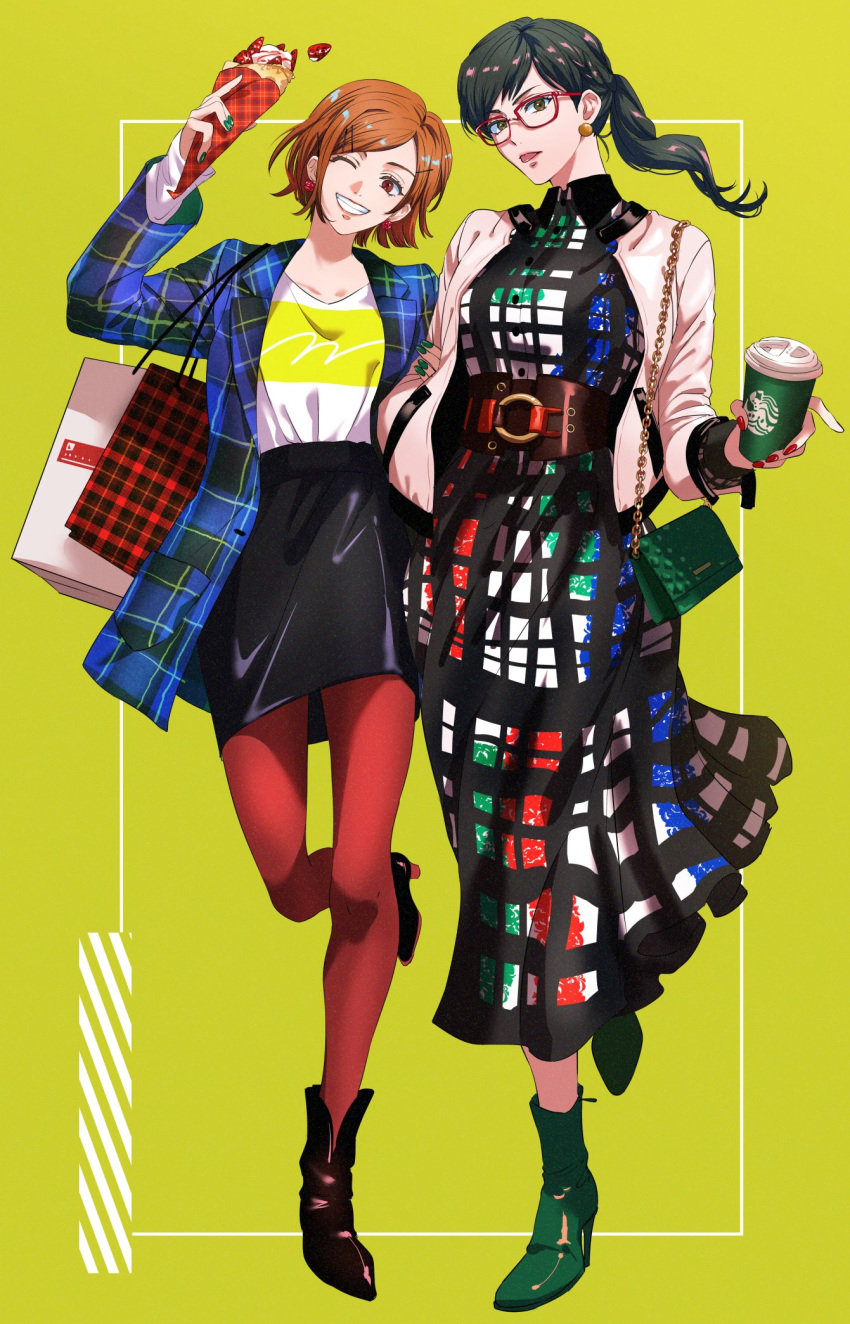 2girls ;d ankle_boots bag bangs bangs_pinned_back belt bespectacled black_hair blazer boots brown_eyes brown_hair cardigan casual closed_mouth cup dress drink earrings flower_earrings food fruit glasses green_hair green_nails hand_in_pocket handbag highres holding holding_another's_arm holding_drink holding_food ice_cream ice_cream_cone jacket jewelry jujutsu_kaisen koujisako kugisaki_nobara leather_skirt logo logo_parody long_hair long_sleeves looking_at_viewer multiple_girls nail_polish o-ring_belt one_eye_closed pantyhose parted_bangs parted_hair ponytail print_shirt red_nails shirt shopping_bag short_hair simple_background smile strawberry stud_earrings swept_bangs teeth tied_hair tongue tongue_out track_jacket v-neck wing_collar yellow_background zen'in_maki