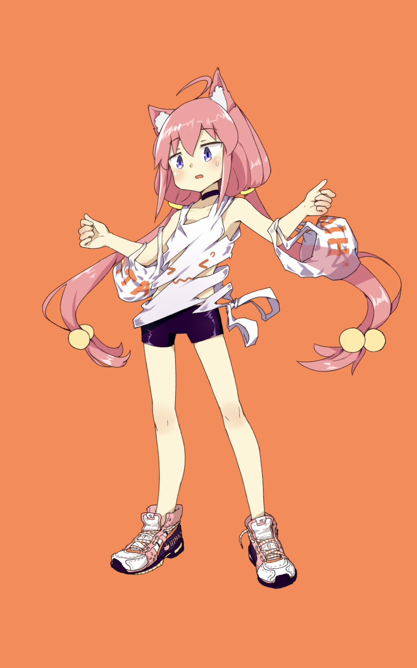 1girl absurdres ahoge animal_ear_fluff animal_ears bag bike_shorts cat_ears commentary_request eyebrows_visible_through_hair flat_chest full_body hair_bobbles hair_ornament highres hinata_channel long_hair low_twintails nekomiya_hinata open_mouth orange_background pg_(pege544) pink_hair plastic_bag shirt shoes simple_background sleeveless sleeveless_shirt sneakers solo standing torn_clothes twintails very_long_hair violet_eyes virtual_youtuber white_shirt
