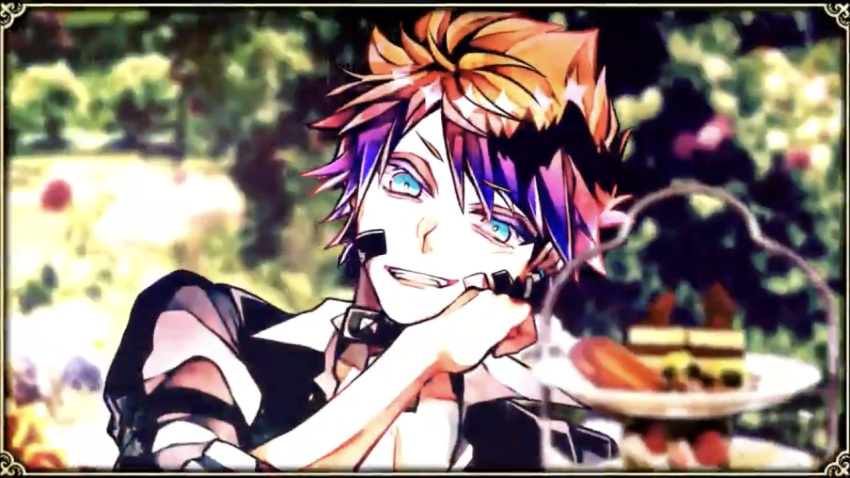 &gt;:) 1boy akuma_shitsuji_to_kuroi_neko bandaid blonde_hair blue_eyes choker collar fang jewelry lono_fontaine multicolored_hair official_art pale_skin purple_hair ring smile spiked_collar spikes studio_wasabi v-shaped_eyebrows