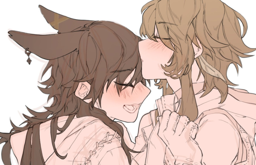 2girls amber_(genshin_impact) animal_ears blonde_hair blush brown_hair closed_eyes commentary earrings english_commentary eyebrows_visible_through_hair genshin_impact gloves jewelry kiss kissing_forehead limited_palette long_hair lower_teeth lumine_(genshin_impact) multiple_girls nerinn_(artist) open_mouth rabbit_ears short_hair_with_long_locks simple_background teeth unfinished upper_body white_background yuri