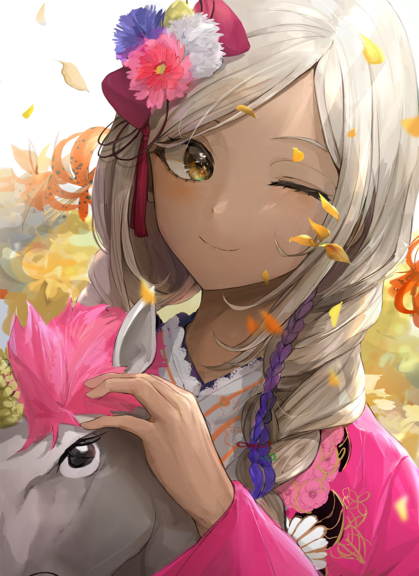 1girl absurdres braid brown_eyes chan1moon dark_skin flower hair_flower hair_ornament highres hololive hololive_english horse_mask mask mask_removed one_eye_closed petals smile tsukumo_sana virtual_youtuber white_hair