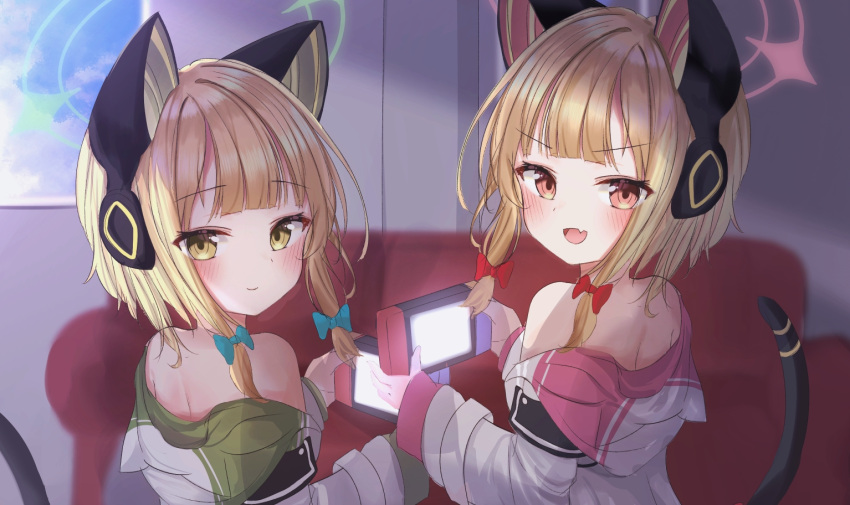 2girls absurdres animal_ears bangs black_legwear black_shorts black_skirt blonde_hair blue_archive blue_bow blue_neckwear bow cat_ear_headphones cat_ears collared_shirt commentary_request eyebrows_visible_through_hair fake_animal_ears grin hair_bow halo hand_up headphones highres jacket lona_(pu_lona) long_sleeves looking_at_viewer midori_(blue_archive) momoi_(blue_archive) multiple_girls necktie off_shoulder open_clothes open_jacket parted_lips pleated_skirt red_bow shirt short_shorts shorts sidelocks simple_background skirt sleeves_past_wrists smile tail_raised thigh-highs twintails white_jacket white_shirt
