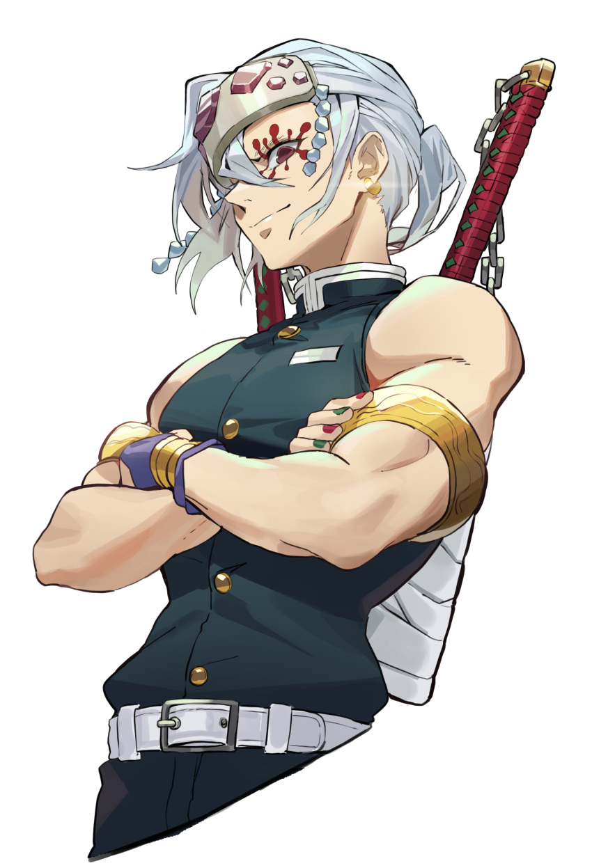 1boy absurdres armlet bandages bare_shoulders belt chain closed_mouth crossed_arms crystal earrings facial_mark fingernails gem glint green_nails grey_hair hair_between_eyes headband highres jewelry kimetsu_no_yaiba male_focus medium_hair moon_(yfsp7823) muscular muscular_male ponytail red_nails shirt_tucked_in simple_background smile solo sword_on_back turtleneck uzui_tengen violet_eyes weapon weapon_on_back white_background