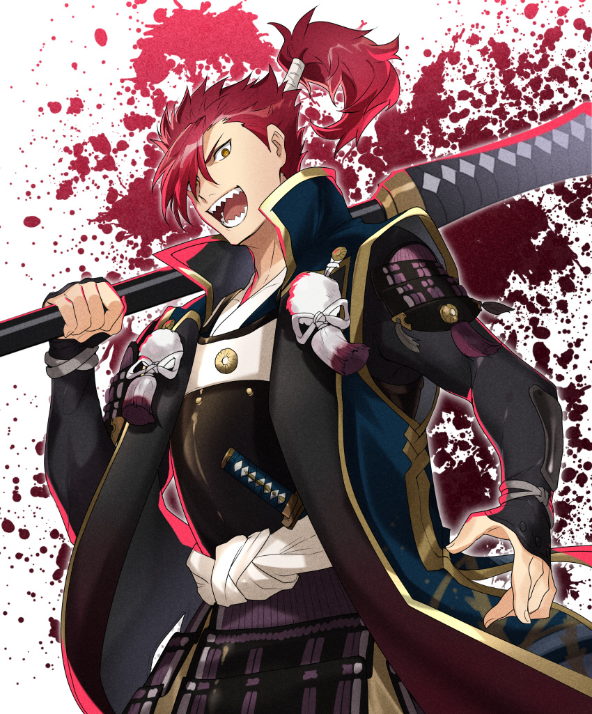 absurdres armor bangs commentary_request fate/grand_order fate_(series) gloves hair_over_one_eye highres holding japanese_clothes long_hair long_sleeves male_focus mori_nagayoshi_(fate) onasu_(sawagani) open_mouth ponytail redhead sharp_teeth smile spiky_hair sword teeth weapon yellow_eyes