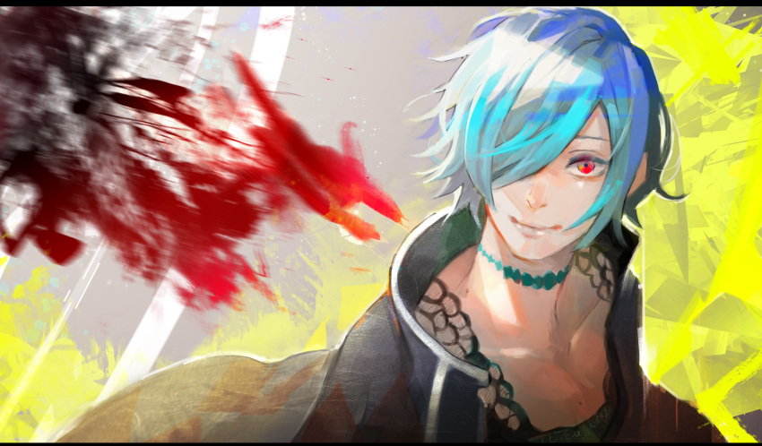 1girl bangs black_jacket black_shirt blue_hair choker closed_mouth collarbone green_hair grey_background hair_over_one_eye highres jacket kirishima_touka kyuuba_melo multicolored_background multicolored_hair red_eyes shiny shiny_hair shirt short_hair smile solo tokyo_ghoul tokyo_ghoul:re two-tone_hair upper_body yellow_background