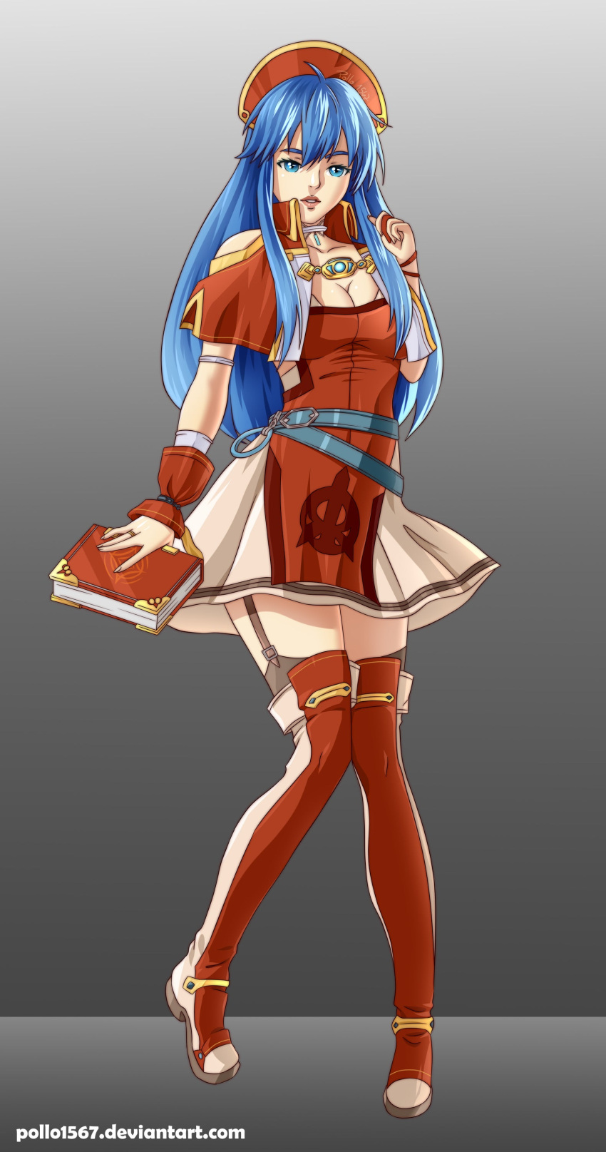 1girl absurdres blue_eyes blue_hair book boots breasts choker fire_emblem fire_emblem:_the_binding_blade fire_emblem_heroes highres lilina_(fire_emblem) lips looking_at_viewer older red_headwear skirt thigh-highs thigh_boots thighs