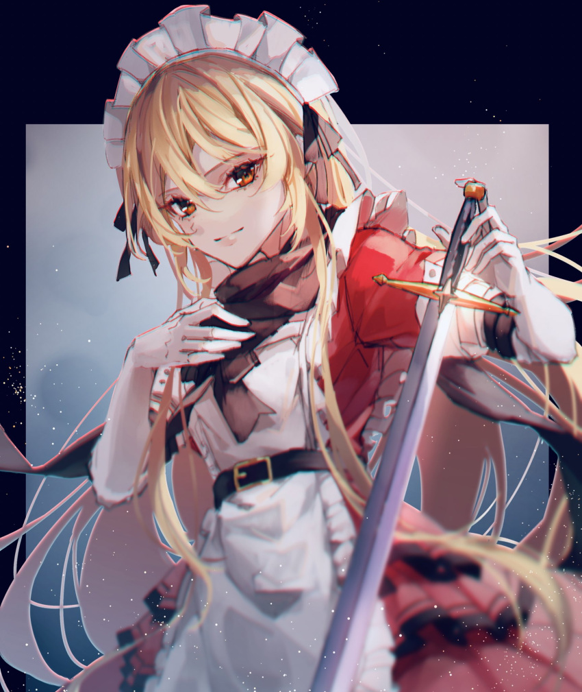 1girl apron bangs black_scarf blonde_hair closed_mouth commission cowboy_shot dress elbow_gloves gloves hair_between_eyes highres holding holding_sword holding_weapon long_hair looking_at_viewer maid_headdress red_dress red_eyes scarf shometsu-kei_no_teruru skeb_commission solo standing sword touhou touhou_(pc-98) weapon white_apron white_gloves yumeko_(touhou)