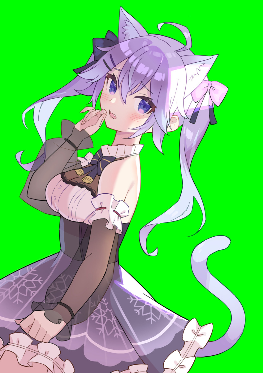 1girl absurdres ahoge animal_ear_fluff animal_ears black_bow blue_eyes blue_hair bodice bow cat_ears cat_girl cat_tail clenched_hand colored_inner_hair detached_sleeves green_background gukurosawa01 hair_bow highres kemonomimi_mode looking_at_viewer multicolored_hair nijisanji nijisanji_kr nun_bora purple_bow purple_hair purple_skirt skirt solo tail twintails virtual_youtuber