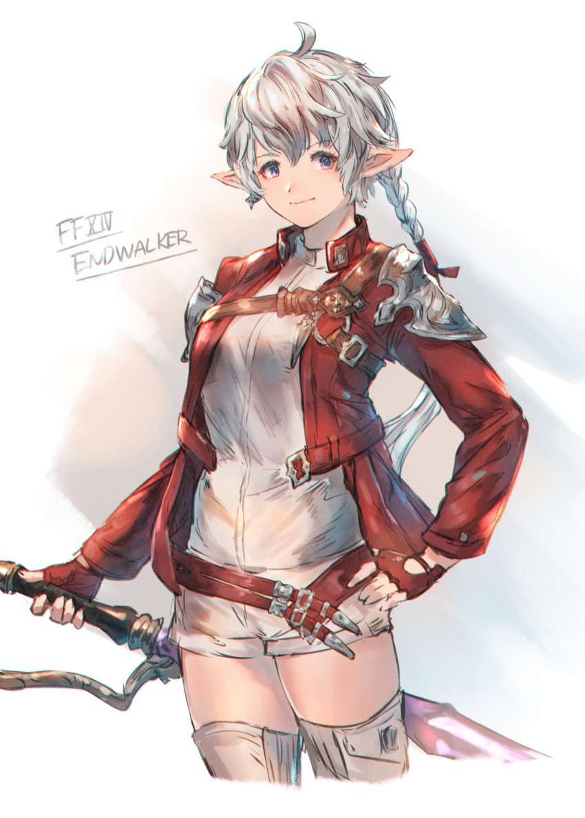1girl ahoge alisaie_leveilleur armor braid braided_ponytail brown_eyes closed_mouth copyright_name cropped_legs dress_shirt final_fantasy final_fantasy_xiv fingerless_gloves gloves hand_on_hip highres holding holding_sword holding_weapon jacket long_hair long_sleeves looking_at_viewer open_clothes open_jacket pointy_ears red_gloves red_jacket shimatani_azu shiny shiny_hair shirt short_shorts shorts shoulder_armor silver_hair smile solo sword thigh-highs very_long_hair weapon white_background white_legwear white_shirt white_shorts zettai_ryouiki