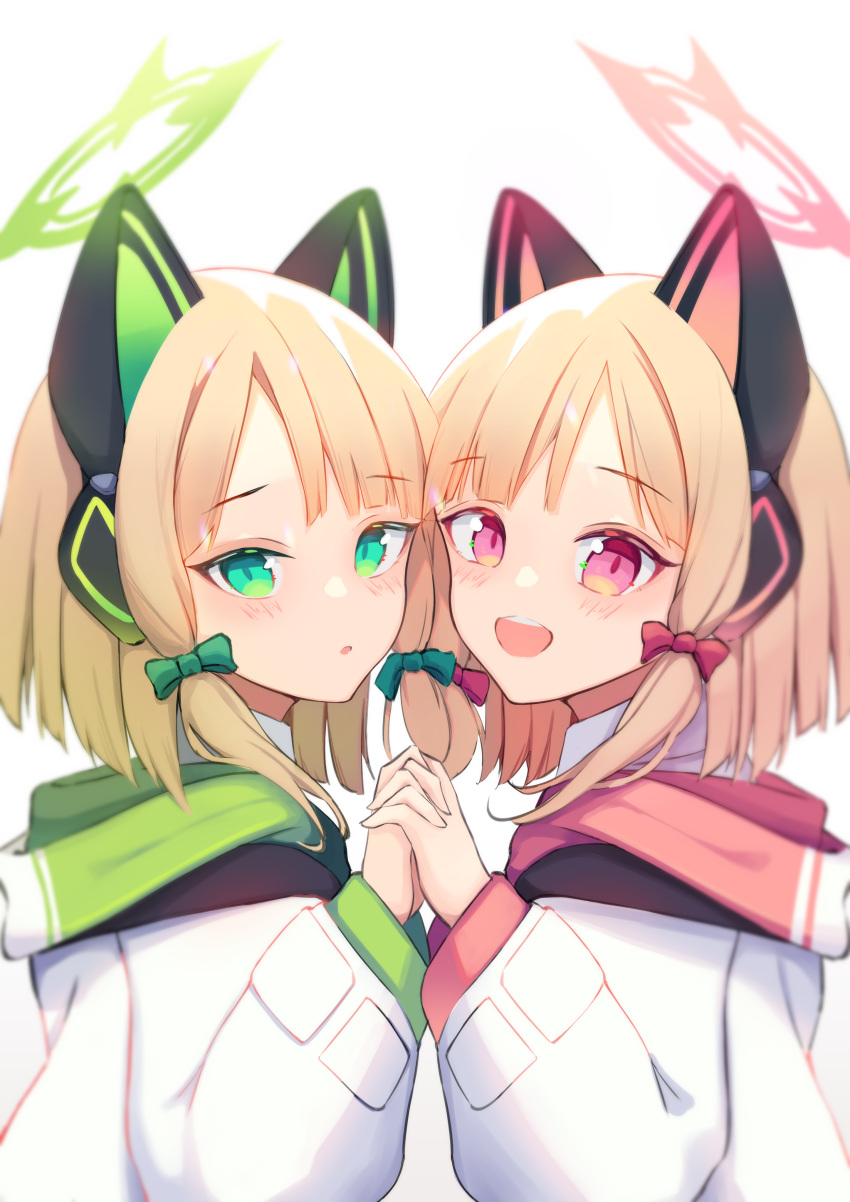 2girls absurdres animal_ears bangs black_legwear black_shorts black_skirt blonde_hair blue_archive blue_bow blue_neckwear bow cat_ear_headphones cat_ears collared_shirt commentary_request eyebrows_visible_through_hair fake_animal_ears grin hair_bow halo hand_up headphones highres jacket long_sleeves looking_at_viewer midori_(blue_archive) momoi_(blue_archive) multiple_girls necktie off_shoulder open_clothes open_jacket parted_lips pleated_skirt red_bow shirt short_shorts shorts sidelocks simple_background skirt sleeves_past_wrists smile suika_(melonkatsu1703) tail_raised thigh-highs twintails white_jacket white_shirt