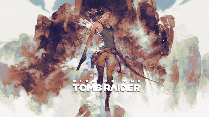 1girl boots bow_(weapon) brown_hair cliff copyright_name gun handgun highres jewelry lara_croft looking_at_viewer mountain necklace official_art pickaxe ponytail quiver rock solo square_enix standing tank_top tomb_raider tomb_raider_(reboot) weapon yoshida_akihiko