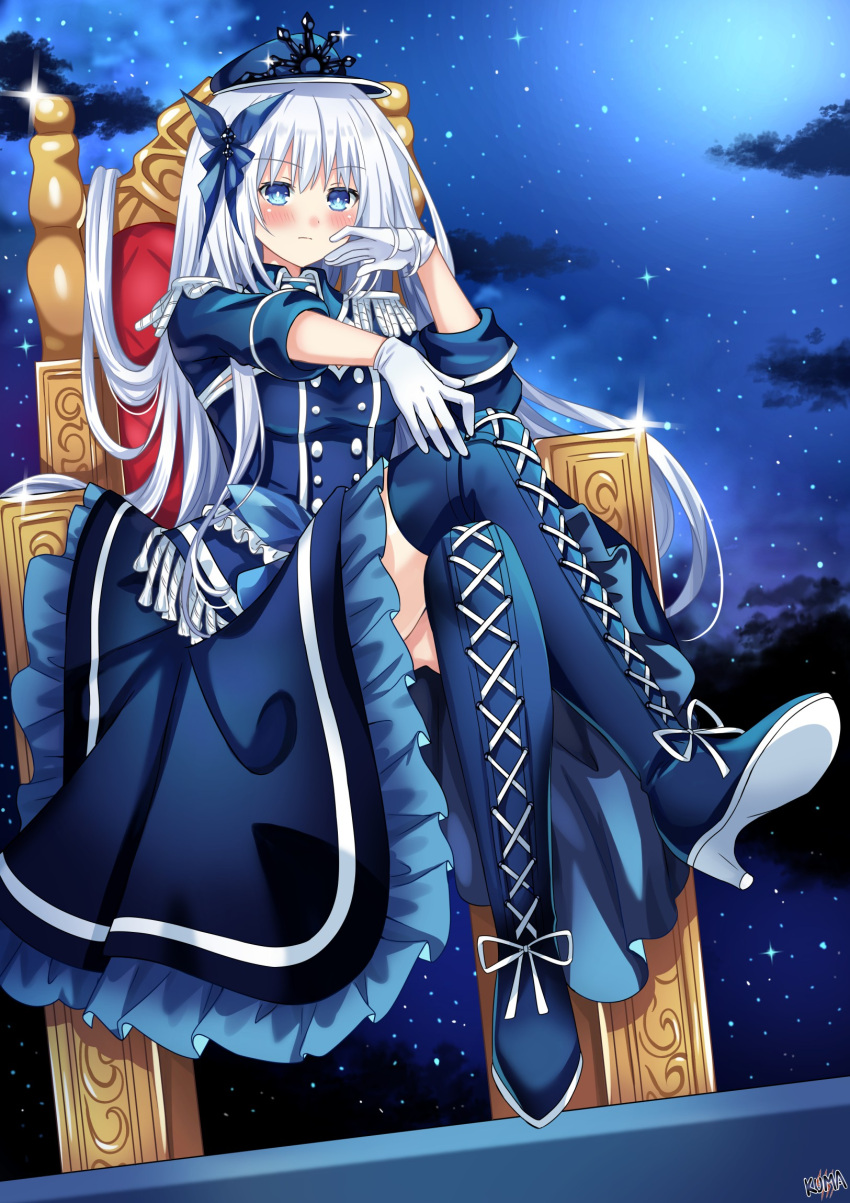 1girl adapted_costume alternate_color blue_dress blue_eyes blue_headwear blue_legwear blush boots breasts butterfly_hair_ornament buttons cleavage_cutout clothing_cutout commentary cosplay cross-laced_footwear crossed_legs date_a_live double-breasted dress english_commentary frilled_dress frills from_below frown full_body gloves hair_ornament hand_on_own_cheek hand_on_own_face hand_on_own_knee hand_up hat high_heel_boots high_heels highres layered_dress lewdkuma long_hair looking_at_viewer looking_down medium_breasts military military_hat military_uniform night night_sky serious silver_hair sitting sky solo star_(sky) starry_sky thigh-highs thigh_boots throne tobiichi_origami uniform very_long_hair white_gloves white_queen_(date_a_live) white_queen_(date_a_live)_(cosplay)