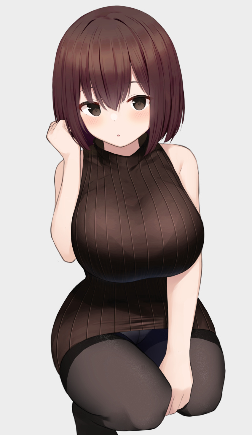 1girl absurdres black_eyes black_legwear black_sweater bra_visible_through_clothes breasts brown_hair check_commentary commentary_request grey_background hair_between_eyes hand_up highres large_breasts looking_at_viewer memekko original panties panties_under_pantyhose pantyhose partial_commentary reward_available ribbed_sweater see-through see-through_legwear short_hair simple_background sleeveless sleeveless_sweater solo squatting sweater thighband_pantyhose turtleneck turtleneck_sweater underwear