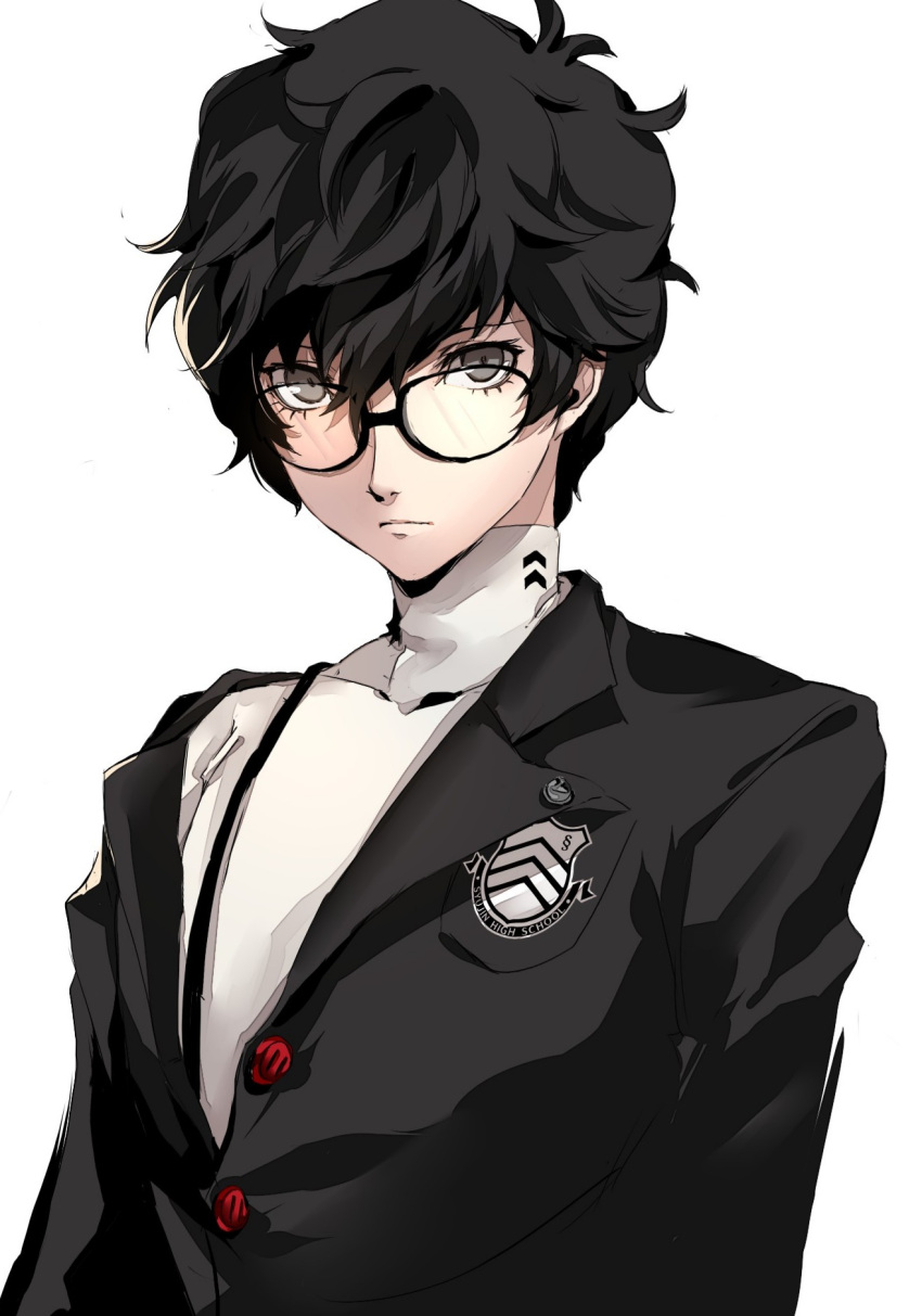 1boy amamiya_ren bangs black_hair black_jacket closed_mouth glasses highres jacket long_sleeves looking_at_viewer male_focus persona persona_5 pertex_777 red_eyes school_uniform shirt shuujin_academy_uniform signature simple_background snapping_fingers solo symbol-only_commentary upper_body white_background white_shirt