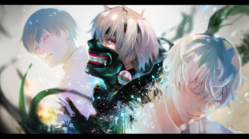 1boy bangs black_hair black_mask blurry blurry_background collared_shirt grey_background grey_hair highres kagune_(tokyo_ghoul) kaneki_ken kyuuba_melo letterboxed mask mouth_mask multiple_views portrait red_eyes shiny shiny_hair shirt short_hair teeth_print tokyo_ghoul