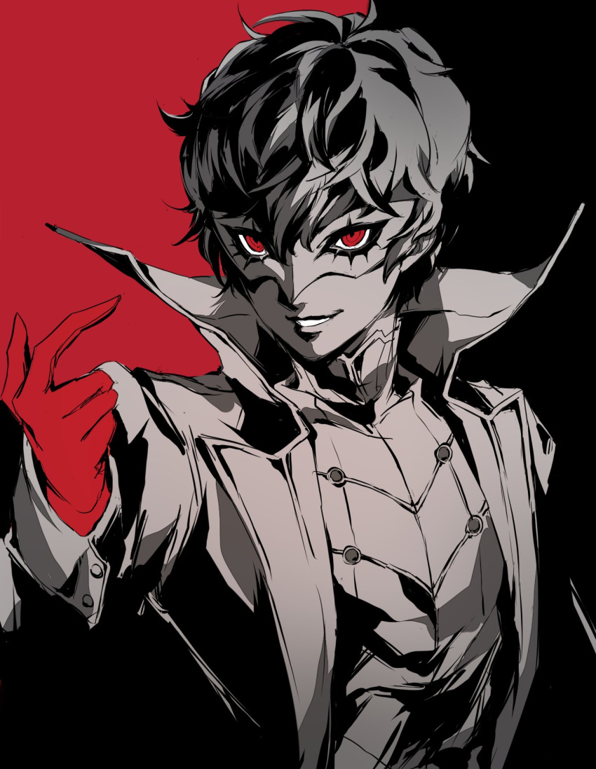 1boy amamiya_ren black_background black_hair black_sclera colored_sclera gloves highres jacket looking_to_the_side male_focus mask monochrome persona persona_5 pertex_777 red_background red_eyes red_gloves simple_background smile solo teeth two-tone_background