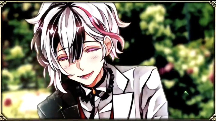 1boy akuma_shitsuji_to_kuroi_neko berrien_cliane black_hair blush choker closed_eyes formal head_tilt male_focus multicolored_hair official_art pink_hair smile solo suit white_hair