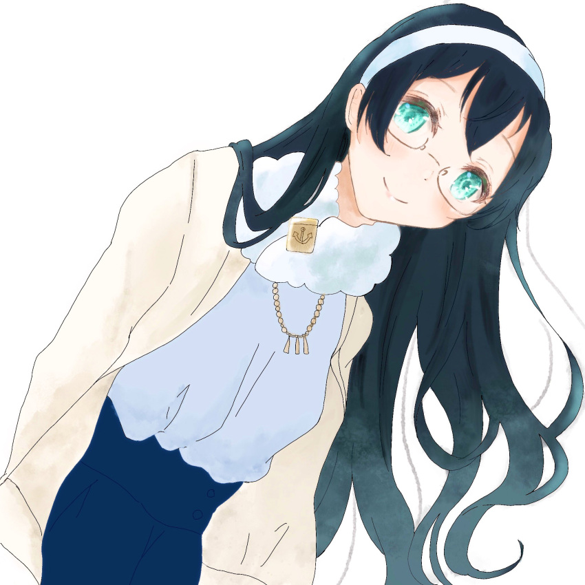 1girl alternate_costume black_hair blouse blue_skirt cowboy_shot green_eyes hairband highres jewelry kantai_collection leaning_forward long_hair looking_at_viewer necklace ooyodo_(kancolle) orangemilk simple_background skirt solo white_background white_blouse white_hairband