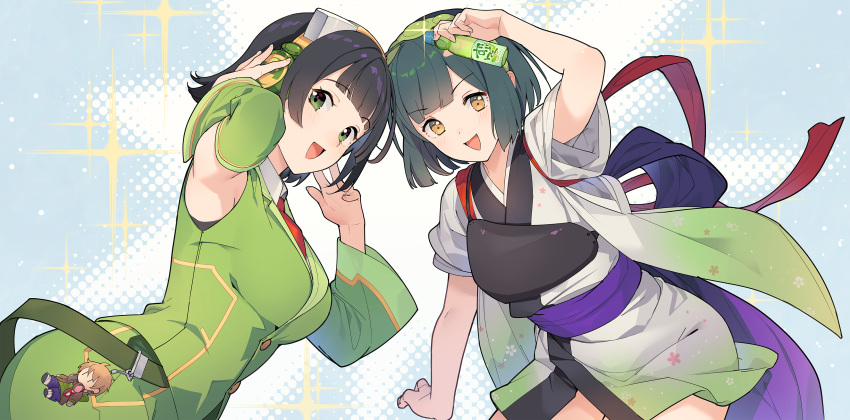 2girls absurdres alternate_costume alternate_hair_length alternate_hairstyle bangs black_hair blush bottle breasts commentary_request eyebrows_visible_through_hair floral_print green_eyes green_hair green_hairband hairband headphones highres holding holding_bottle japanese_clothes kyoumachi_seika looking_at_viewer medium_breasts multiple_girls muneate open_mouth orange_eyes pea_pod ramune shirinda_fureiru short_hair simple_background sparkle tasuki touhoku_zunko voiceroid wide_sleeves