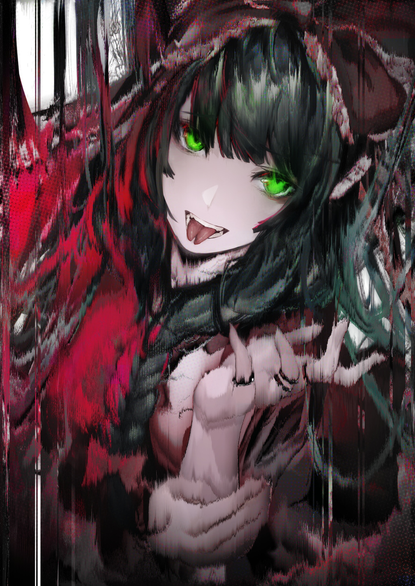 1girl absurdres alternate_hairstyle bangs blunt_bangs bow braid distortion face forked_tongue front_ponytail glowing glowing_eyes green_eyes green_hair hair_bow hand_up head_tilt highres jewelry kagiyama_hina long_hair looking_at_viewer migata open_mouth ring solo teeth tongue tongue_out touhou upper_body