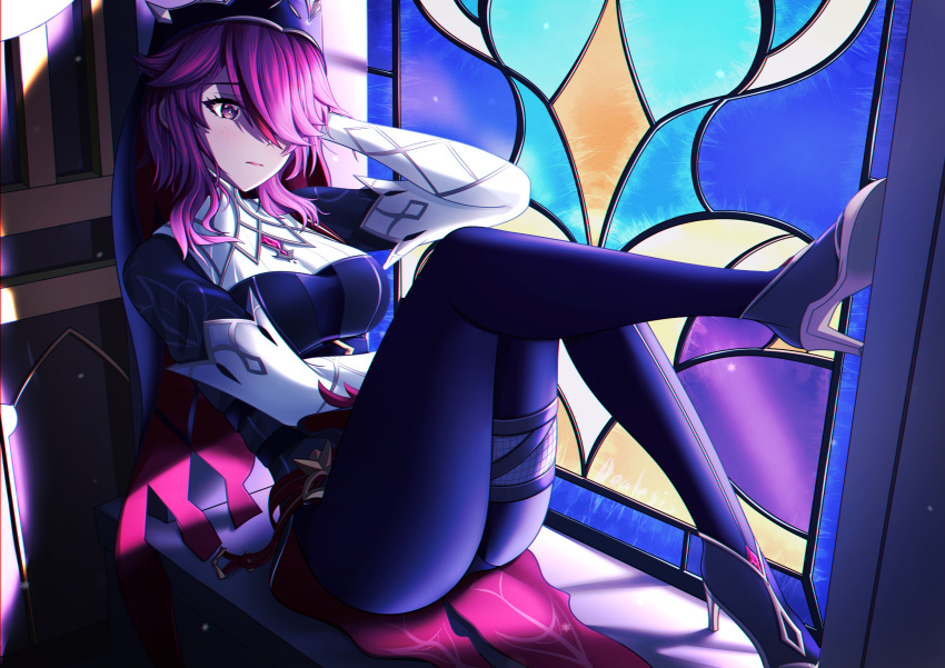 1girl alternate_costume boots breasts cathedral church_interior curvy dealesis genshin_impact gloves habit high_heels highres large_breasts multicolored_clothes multicolored_headwear nun purple_hair purple_legwear rosaria_(genshin_impact) sitting stained_glass white_gloves window