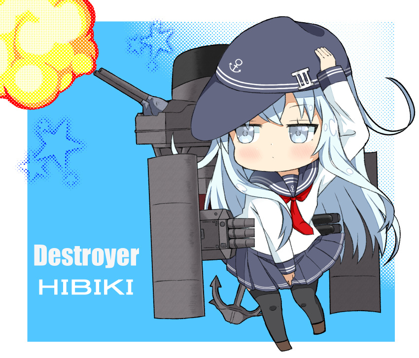 1girl anchor_symbol black_headwear black_legwear black_sailor_collar black_skirt blue_eyes blush border brown_footwear character_name chibi closed_mouth crys_(dai) eyebrows_visible_through_hair flat_cap full_body hair_between_eyes hat hibiki_(kancolle) highres kantai_collection long_hair long_sleeves machinery neckerchief pleated_skirt red_neckerchief rigging sailor_collar school_uniform serafuku shoes silver_hair skirt smokestack solo star_(symbol) thigh-highs turret white_border