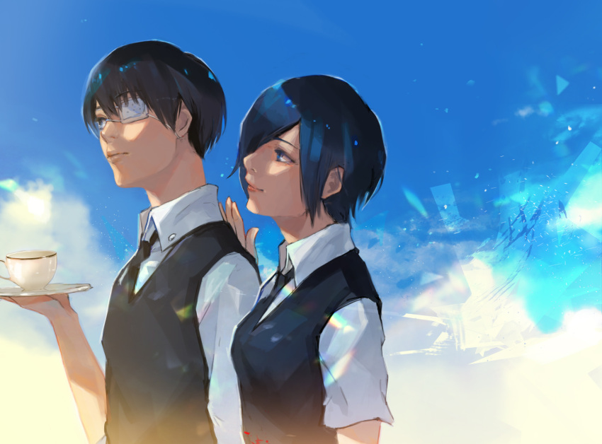 1boy 1girl bangs black_hair black_vest blue_eyes blue_hair breasts closed_mouth clouds collared_shirt cup day eyepatch from_side hair_over_one_eye hand_on_another's_back highres holding holding_plate kaneki_ken kirishima_touka kyuuba_melo looking_at_another medium_breasts outdoors plate shiny shiny_hair shirt short_hair teacup tokyo_ghoul upper_body vest white_shirt