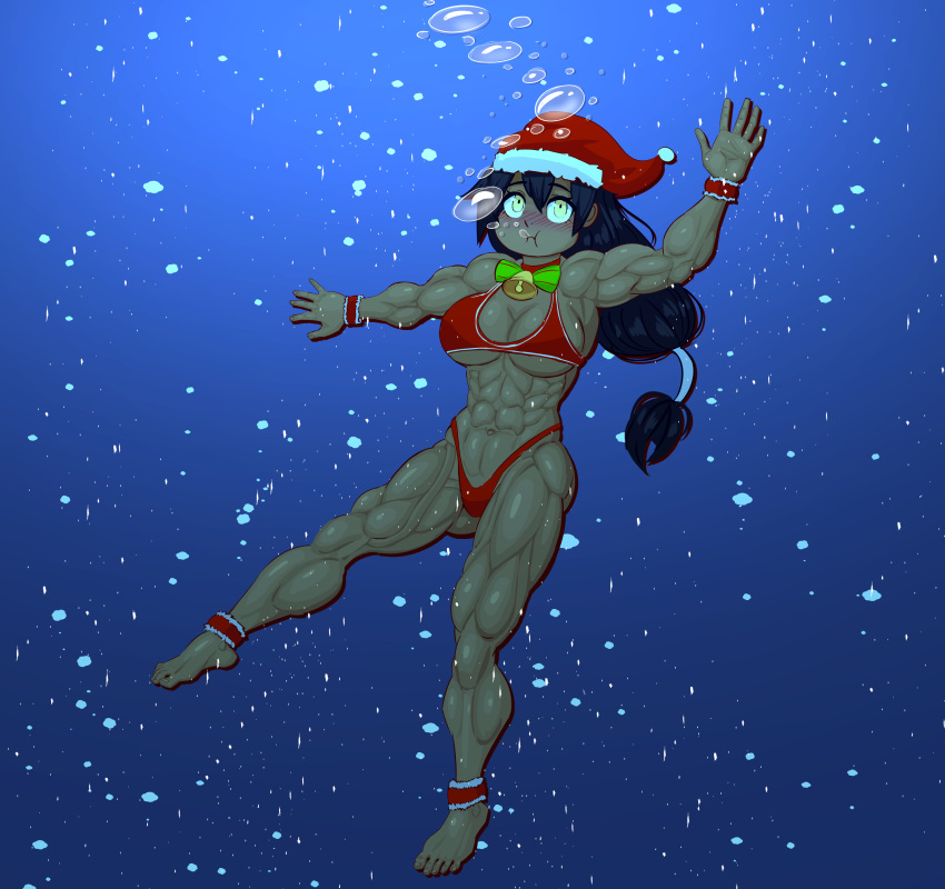 1girl absurdres air_bubble bell bubble christmas dark_skin highres holding_breath markustercero muscular muscular_female neck_bell original ponytail purple_hair red_swimsuit swimsuit thong underwater yellow_eyes