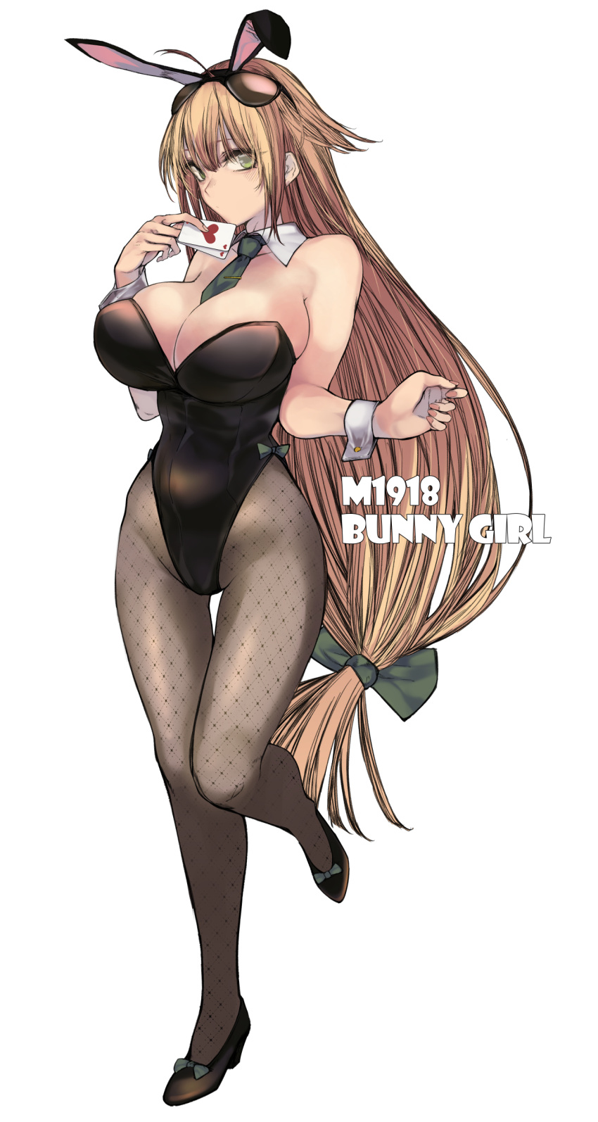 1girl absurdres animal_ears bangs bare_shoulders between_breasts black_footwear black_legwear black_leotard blonde_hair breasts card character_name collar commentary_request detached_collar fake_animal_ears full_body girls_frontline green_eyes green_neckwear hair_between_eyes high_heels highres holding holding_card kojima_(blue_stardust) large_breasts leg_up leotard long_hair low-tied_long_hair m1918_(bunny_girl)_(girls'_frontline) m1918_(girls'_frontline) official_alternate_costume open_mouth pantyhose playboy_bunny playing_card rabbit_ears revision standing strapless strapless_leotard very_long_hair white_background wrist_cuffs