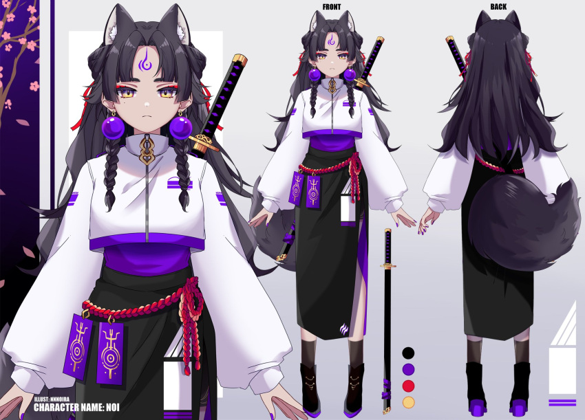 animal_ear_fluff black_footwear black_skirt boots braid character_name character_sheet cherry_blossoms english_commentary eyeshadow facial_mark forehead_mark frown fuumeh highres indie_virtual_youtuber long_hair long_skirt makeup mole mole_under_eye noi_(vtuber) open_hands purple_nails red_eyeshadow side_braid skirt sword tail virtual_youtuber weapon weapon_on_back yellow_eyes