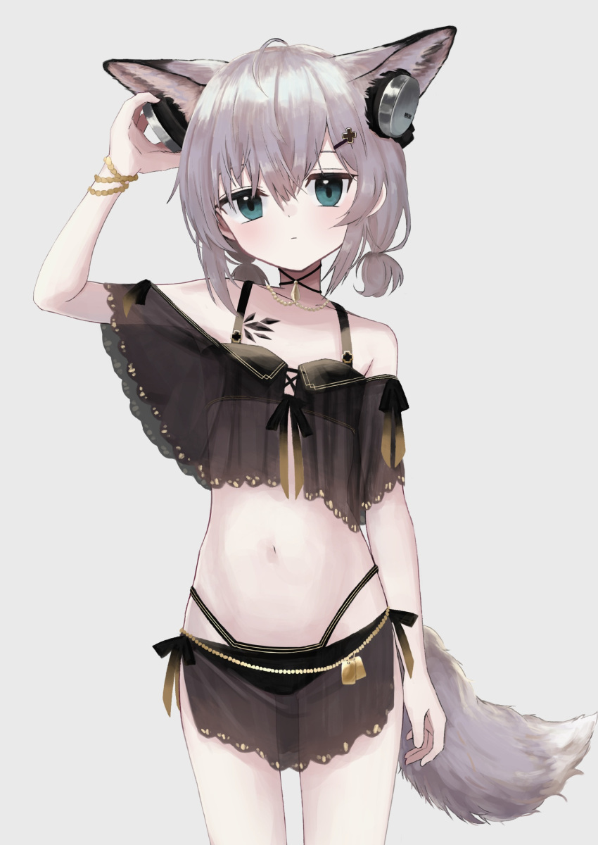 1girl animal_ears arknights bangs bare_shoulders blue_eyes blush bracelet brown_hair closed_mouth commentary fox_ears fox_girl fox_tail highres jewelry official_alternate_costume oripathy_lesion_(arknights) short_hair solo sussurro_(arknights) sussurro_(summer_flowers)_(arknights) swimsuit tail ten_can